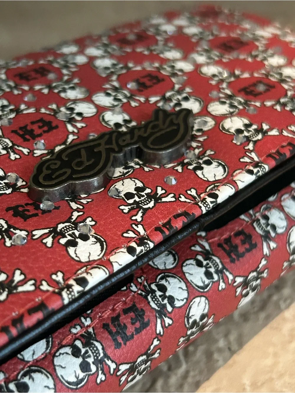 Ed Hardy Red White long wallet w/glittering rhinestones Skulls & Crossbones NWT